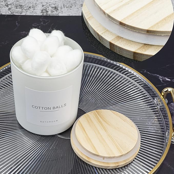 3PCS Farmhouse 13.53oz White Bathroom Canisters with 12 Labels & Wooden Lid Thick Glass Jar Set Qtip Holder for Cotton Ball & Pads Storage Organization Minimalist Decor