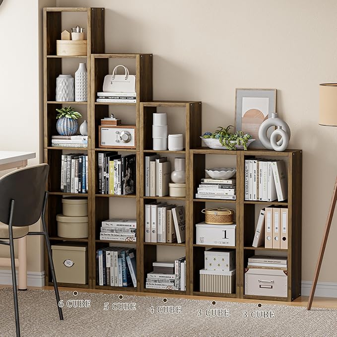 Cube Storage Organizer Bookcase, 3 Tier Decorative 11 inch Open Back Cubical Shelf with Thickened Border, Display Bookshelf for Living Room, Home Office, Sturdy Room (Brown, 3 Cube)