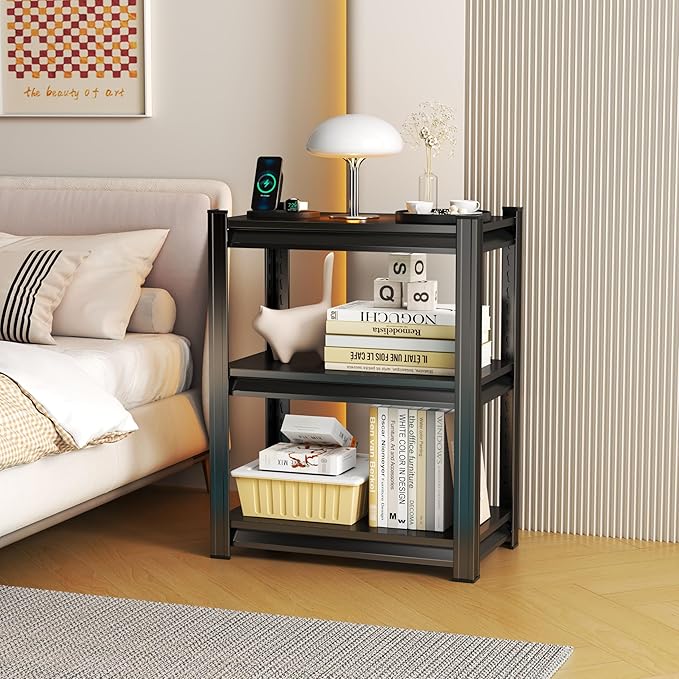 Storage Shelves, Garage Metal Shelving Unit, Adjustable, Double-Layer Column with Reinforced Ribs, Heavy-Duty, Capable of Bearing 600-3600 lbs (Black, 32 * 24 * 14, 3-Tier)