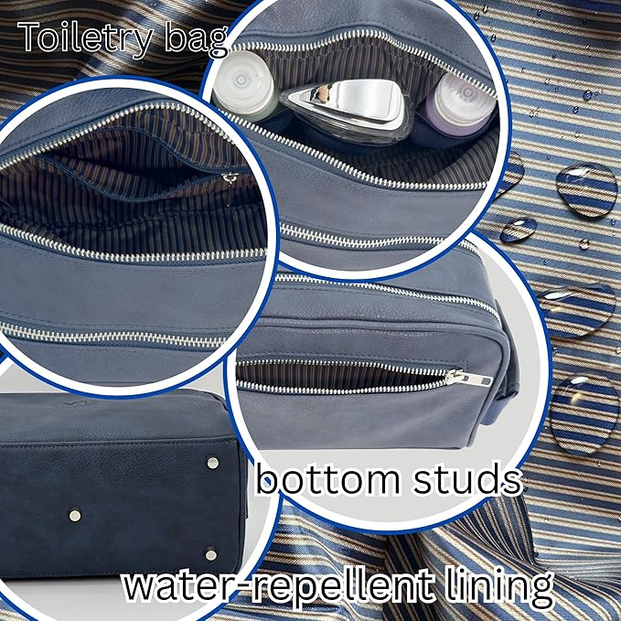 Dopp Gift Large Travel Toiletry Bag Premium Quality PU Leather Two compartments YKK Zippers Water-resistant Bottom Studs Mesh Pockets Durable Cosmetic Organizer NAVY BLUE