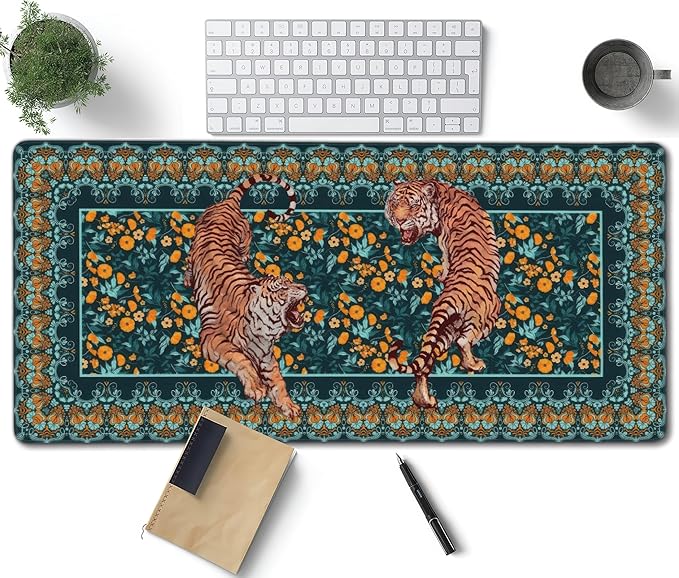 Vintage Floral Tiger Large Mouse Pad, Vintage Aesthetic Gaming Desk Mat, XXL Keyboard Desk Pad Mat for Desktop, 35.4"x15.7" Non-Slip Base Big Mousepad with Stitched Edges