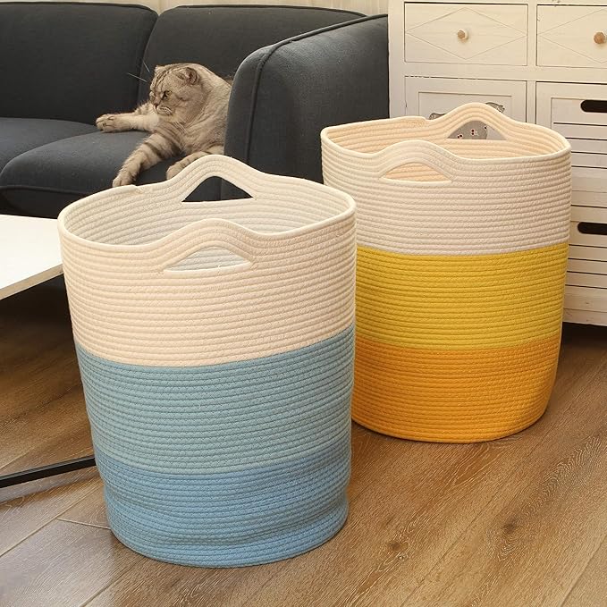 Sea Team Large Size Cotton Rope Woven Storage Basket with Handles, Laundry Hamper, Fabric Bucket, Drum, Clothes Toys Organizer for Kid's Room, 20 x 14 inches, Round Open Design, White & Yellow
