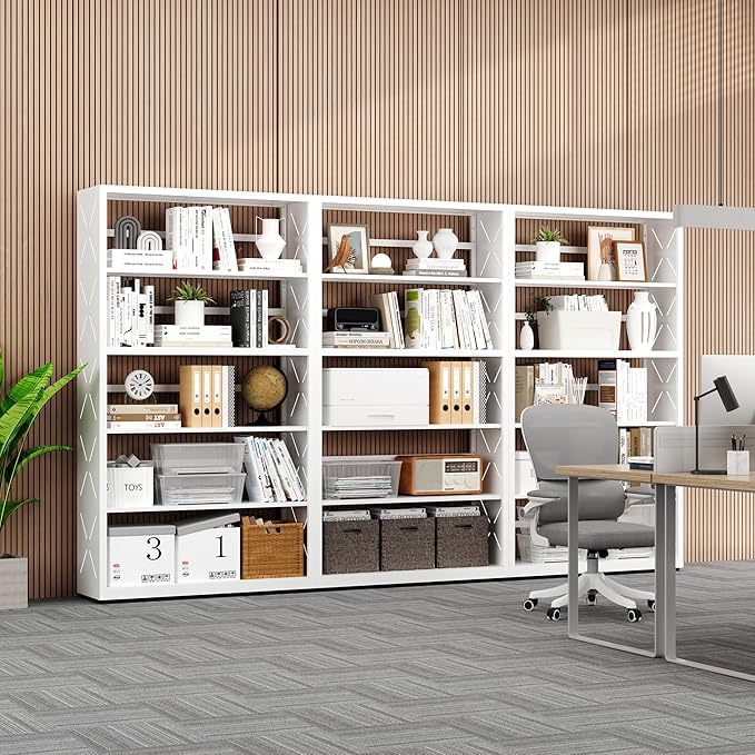5 Tier Bookcase,Industrial Bookshelf,55" White Metal Tall Bookshelf with Adjustable Feet and Adjustable Shelves,Home Office Bookcase Shelf Storage Organizer for Living Room、Kitchen