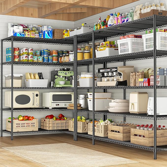 70.8H Wire Shelving Rack, 5Tier Metal Shelving Unit,1400LBS Heavy Duty Storage Shelves,Adjustable Pantry Shelves, Metal Shelf and Storage Rack,Industrial Shelving 52.36W x13.78Dx70.8H,Black