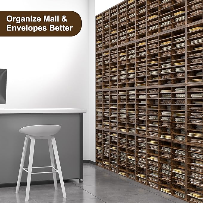 Literature Organizer 27 Slots Wooden Mailboxes for Classroom Office Mail Organizer Countertop Vertical File Sorter with Adjustable Shelves Heavy Duty Office Mailbox Cubbies, Rustic Brown