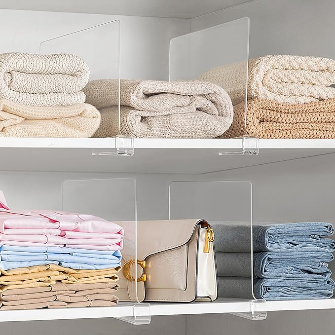 HBlife 12 Inches Tall [Extra Tall Version] Clear Shelf Dividers, 12 Pack Purse Organizer for Closet Perfect for Sweater, Shirts, Handbags, Acrylic Adjustable Bookshelf for Organization