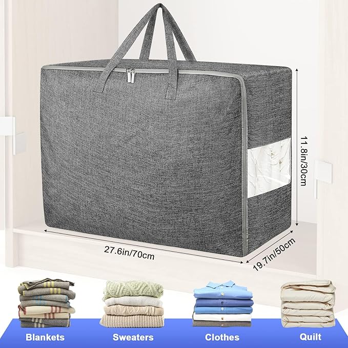 3Pack 105L Extra Large Storage Bags, Folding Comforter Blanket Storage Bags Closet Organizers and Storage Containers for Clothes with Strong Handles&Zippers Clear Window for Bedding Pillow Black