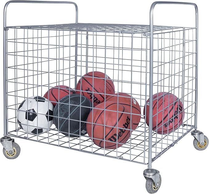 MyGift Professional Gym Metal Multi Sports Ball Storage Cart with Jumbo Industrial Wheels, Commercial Grade Portable Equipment Locker Cage for Basketball, Football, Soccer, Volleyball
