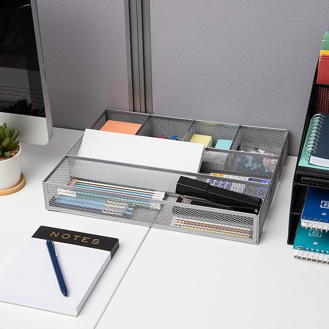 Mind Reader Drawer Organizer, Desk Org, Utensil Organizer, Office, Kitchen, Metal Mesh, Set of 2, Silver