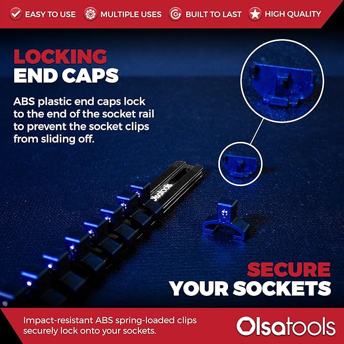 Olsa Tools Aluminum Socket Organizer with Locking End Caps - 3/8-Inch Drive - Black Socket Holder Rails for Chrome or Impact Sockets - Compact and Durable Socket Storage Solution - Part: 1179