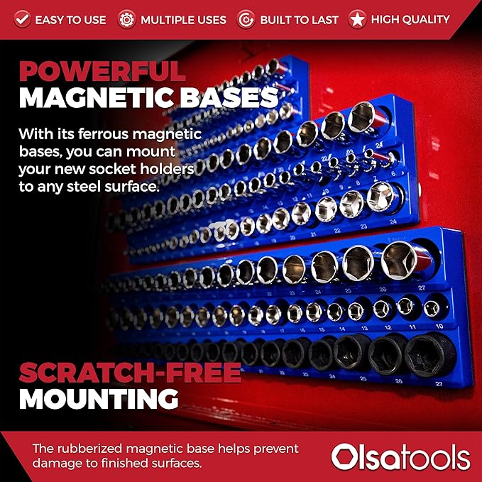Olsa Tools 3-Row Magnetic Socket Organizer - Patented 3pc Socket Holder Kit - 1/2-Inch, 3/8-Inch, & 1/4-Inch Drive - Socket Organizers For Toolboxes - Blue - Holds 141 - Part 1562