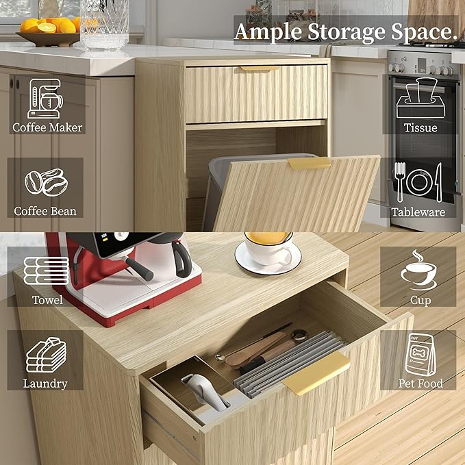 Tilt-Out Trash Cabinet with 10-Gallon Capacity, Walnut Laundry Hamper Cabinet, 34.3 x 19 x 13.8 inches, Wave-Textured Front.