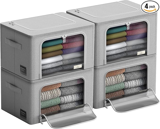 Sorbus Storage Bins with Metal Frame - Stackable & Foldable Clothes Organizer Bags - Oxford Fabric Storage Containers with Large Clear Window & Carry Handles Organization for Bedding Linen & Clothing