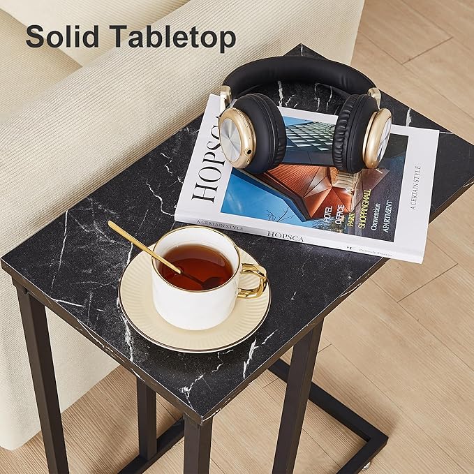 VECELO C Shaped End Side Table for Sofa Couch and Bed Snack TV Tray for Living Room Bedroom, 1 PCS, Black Marble