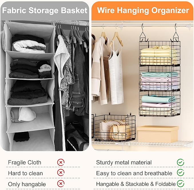 Sonyabecca 5-Tier Hanging Closet Organizer – Black Closet Storage Shelves with Wire Baskets for Clothes, Handbags, Sweaters & Accessories, Includes 2 Hanging Hooks & 5 S-Hooks