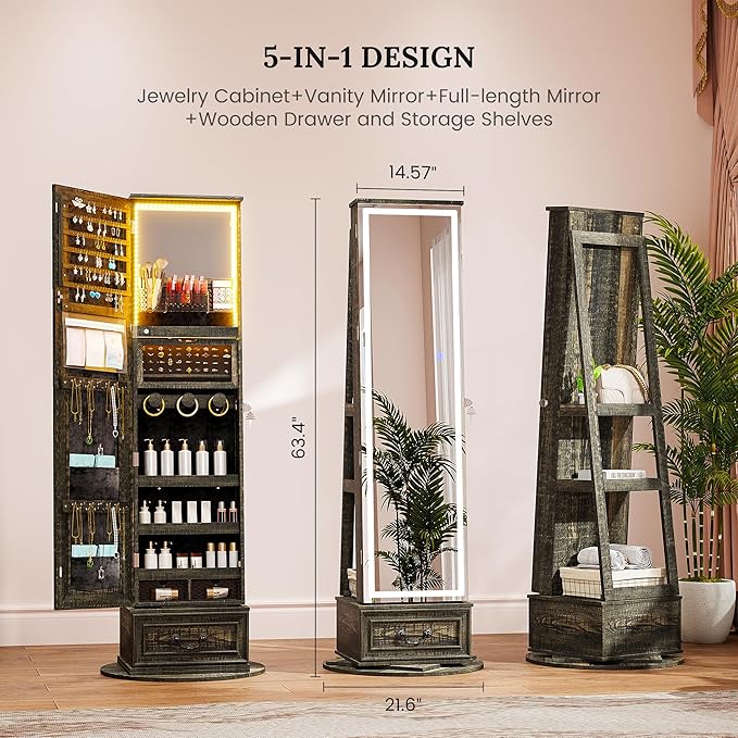 LVSOMT LED Mirror Jewelry Cabinet Standing, 360°Swivel Jewelry Armoire with Full Length Mirror, Mirror with Jewelry Storage and Large Wooden Drawer for Christmas Gifts (Rustic Grey)
