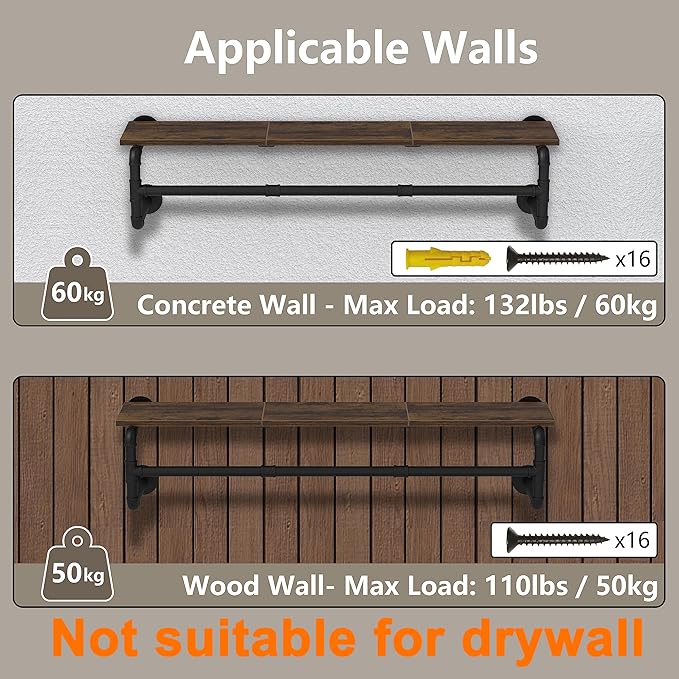 Industrial Pipe Clothes Rack with Top Shelf and 3 Hooks, 41''L Wall Mounted Garment Rack, Heavy Duty Iron Garment Bar, Clothes Hanging Rod Bar, 4 Base Max Load 135Lb Black