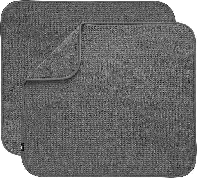 S&T INC. Dish Drying Mat 2 Pack, 16” x 18”, Absorbent Microfiber Kitchen Counter Mat, Dish Drying Pad for Dishes, Utensils, Pots and Pans, Large, Charcoal Grey