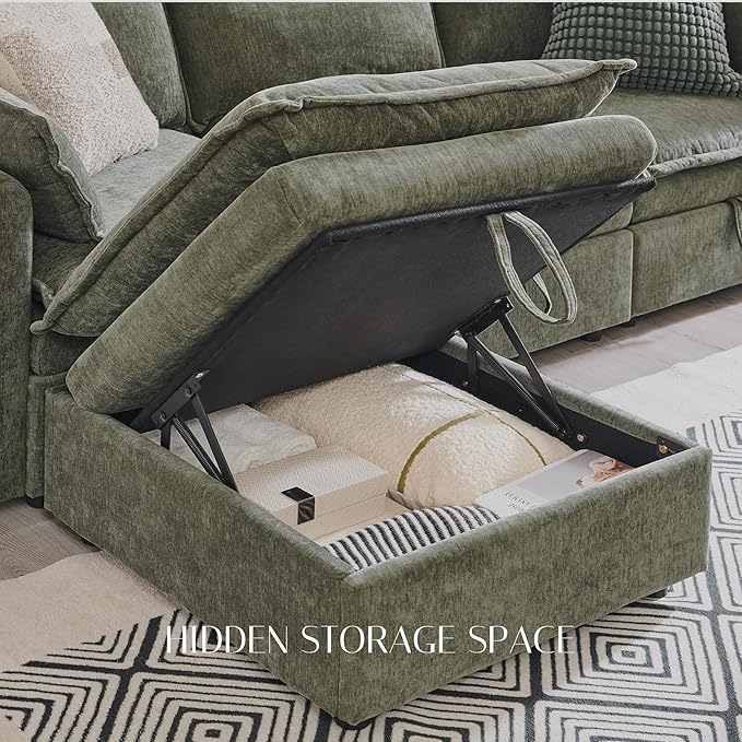 116.54" Sectional Couches for Living Room, Cloud Couch Sectional with Large Storage, U-Shape Modular Sectional Sofa with Ottoman,6 Seater Chenille Sofa with Pillow for Apartment, Bedroom, Green