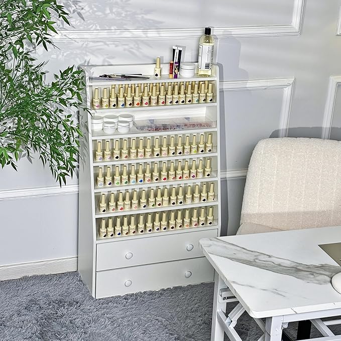 Nail Polish Rack with 2 Drawers, Salon Display & Storage Cabinet with Acrylic Baffle, Holds 700+ Bottles of Polishes, Essential Oils & Perfumes, Suitable for Nail Salon & Beauty Store, White