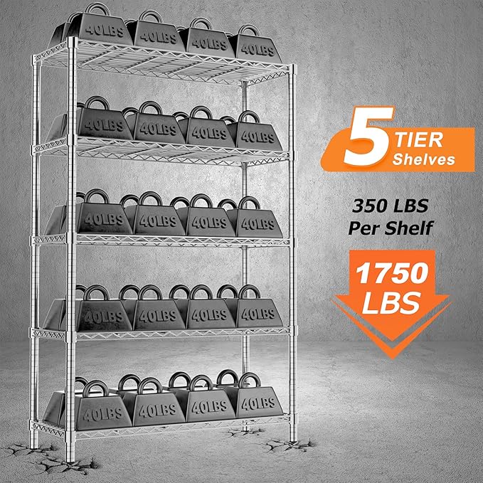 Storage Shelves Heavy Duty, 2 PCS 36" L x 14" W x 72" H Garage Wire Shelving Unit Loads 1750LBS, 5-Tier Adjustable Metal Industrial Utility Shelf Rack for Kitchen, Laundry Room, Warehouse, Basement