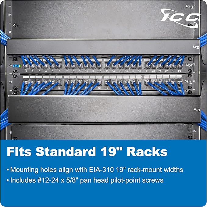 ICC 1U Ring Cable Manager Panel with Cover, Metal, 3" D-Rings, Horizontal Cable Management, Rackmount for 19” Network Racks, Black, Single Pack
