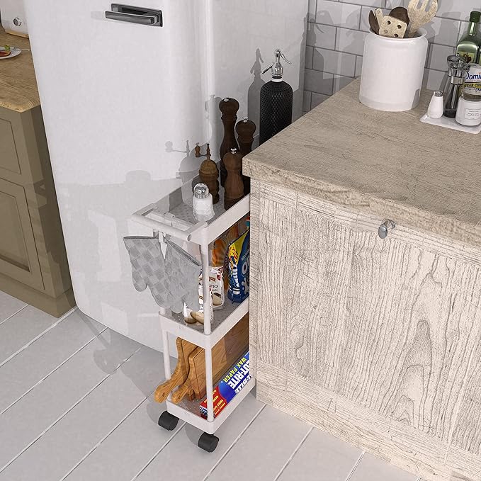 Simple Houseware 3-Tier Slim/Narrow Storage Cart with Handle, 5.5'' Wide x 26.5'' Height Rolling Organizer for Kitchen, Bathroom, Laundry Room - White