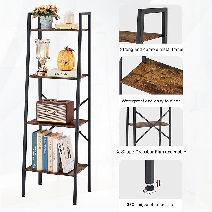 Hoctieon 4-Tier Industrial Ladder Bookshelf, Narrow Ladder Shelf, Tall Standing Bookshelf, Skinny Open Ladder Shelf, for Living Room, Home Office, Kitchen, Bedroom, Metal Frame, Rustic Brown