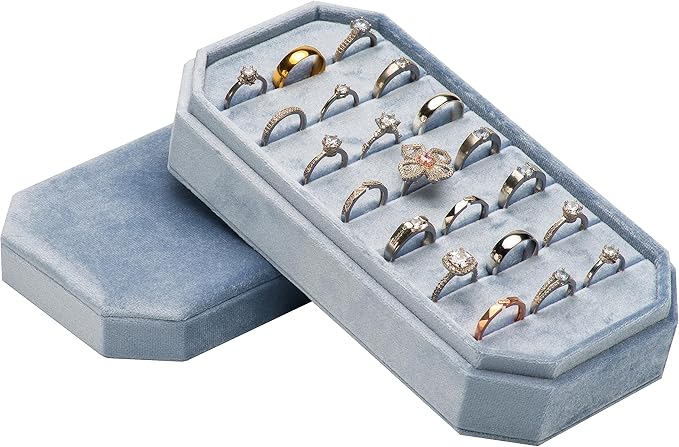 Velvet Ring Organizer Display Tray Jewelry Box Earring Holder Case for Wedding Birthday Christmas Day (Light Ocean Blue)