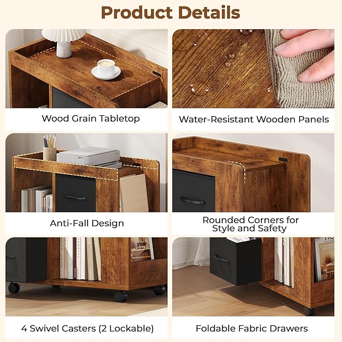 Yaheetech Narrow Side Table with Storage, Wooden Rolling Nightstand Bedside Table with Wheels, Magazine Racks and Open Shelves, End Table with Drawers for Living Room Bedroom, Rustic Brown