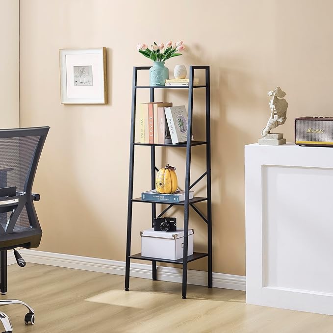 Hoctieon 4-Tier Industrial Ladder Bookshelf, Narrow Ladder Shelf, Tall Standing Bookshelf, Skinny Open Ladder Shelf, for Living Room, Home Office, Kitchen, Bedroom, Metal Frame, Black