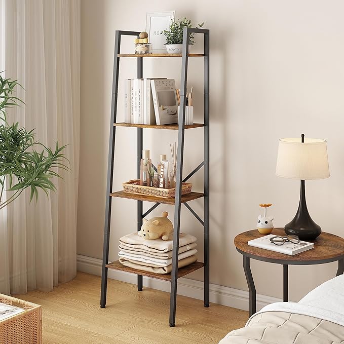 Hoctieon 4-Tier Industrial Ladder Bookshelf, Narrow Ladder Shelf, Tall Standing Bookshelf, Skinny Open Ladder Shelf, for Living Room, Home Office, Kitchen, Bedroom, Metal Frame, Rustic Brown