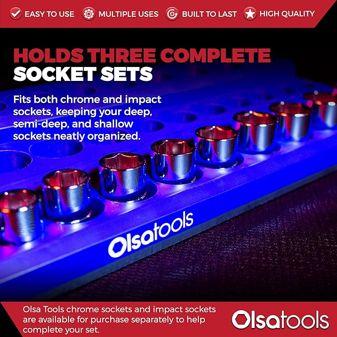 Olsa Tools Magnetic Socket Organizer (3/8-Inch Drive, 3-Row) - Magnetic Tool Organizer & Socket Holder - Tool Box Socket Organizers - Blue Blank - Holds 54 Sockets - Professional Grade - Part: 1683