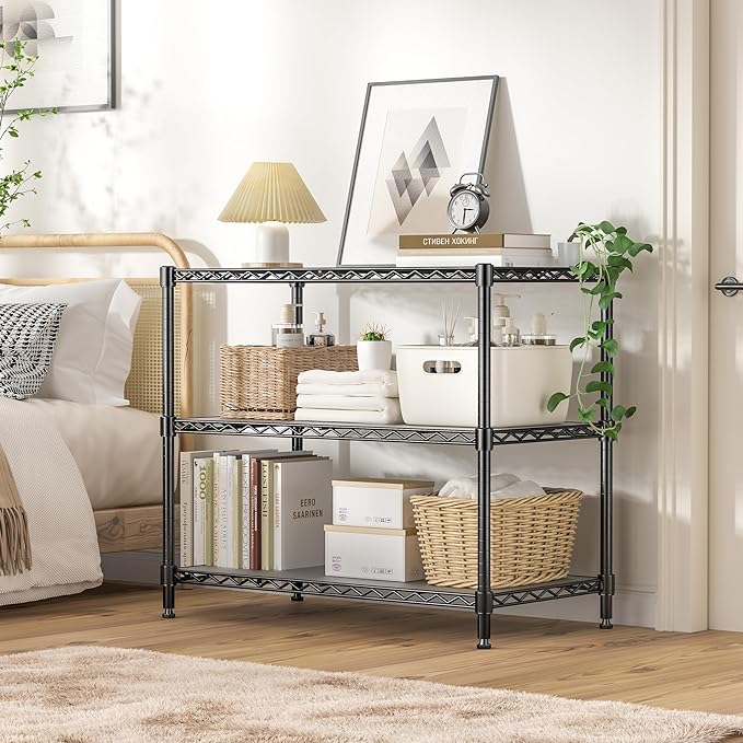 3-Shelf Adjustable Storage Shelves Metal Shelving Unit Heavy Duty Wire Rack Small Organizer with 3 Shelf Liners for Kitchen Pantry Bathroom Laundry Closet Garage 24" W x 14" D x 30" H Black