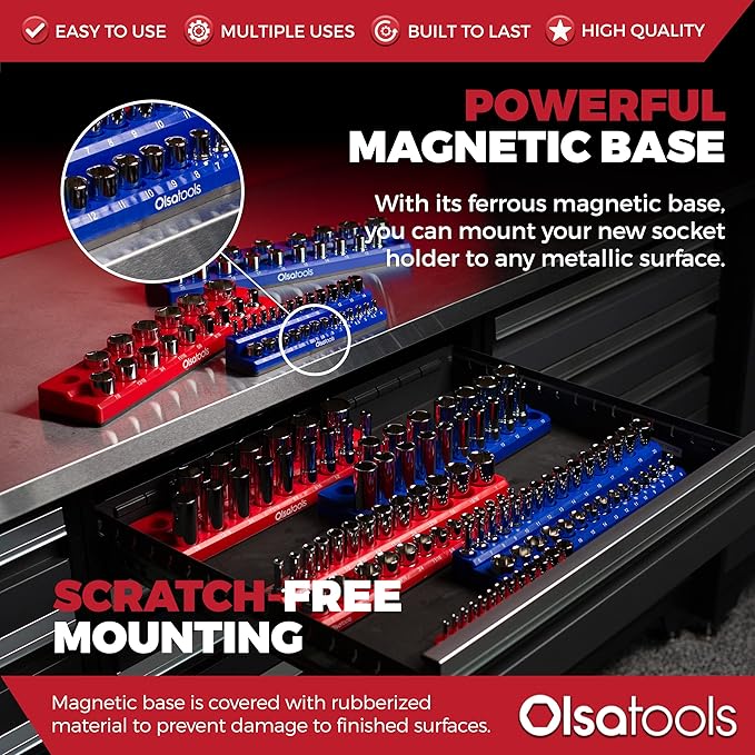 Olsa Tools Magnetic Socket Organizer | 3 Piece Socket Holder Kit | 1/2-Inch, 3/8-Inch, 1/4-Inch Drive | Metric Blue | Holds 75 Sockets | Professional-Grade