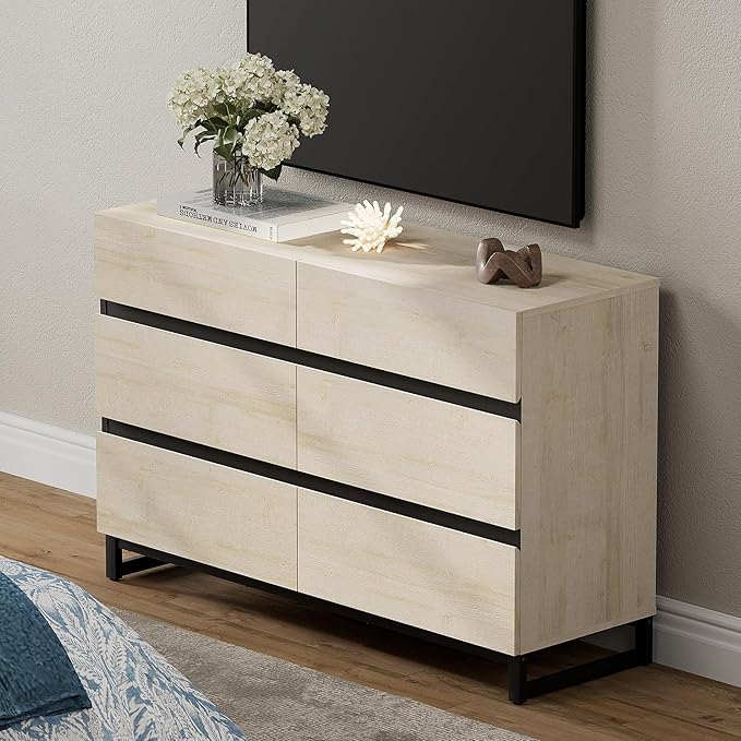WAMPAT Dresser for Bedroom, Closet Organizers and Storage with 6 Drawers, Chest of Drawers with Metal Base, Modern Wood Dresser for Living Room, Entryway, Light Oak