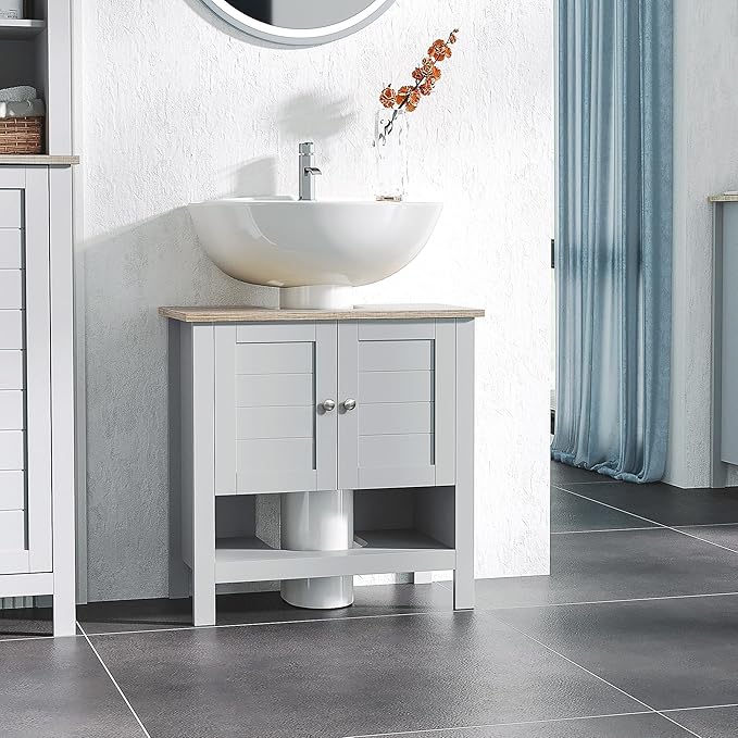 Kleankin Pedestal Sink Storage Cabinet, Under Sink Bathroom Vanity with Adjustable Shelf and Open Bottom Shelf, Gray