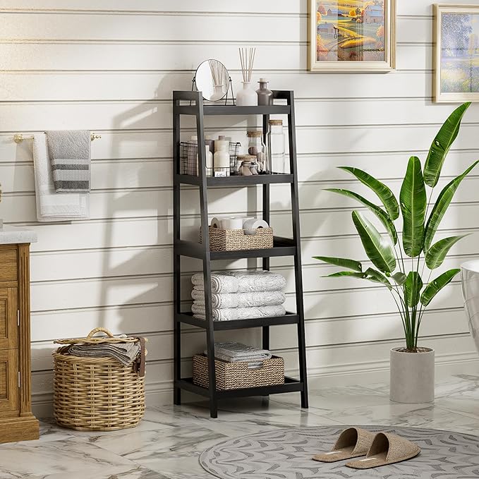Bookshelf, 5 Tier Ladder Bookcase with Bamboo Frame, Freestanding Tall Narrow Display Plant Shelf for Living Room, Kitchen, Bedroom, Balcony, Black