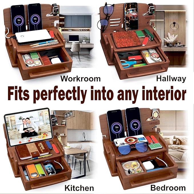 MED Wood Phone Docking Station – Nightstand Desk Organizer for Phone, Watch, Wallet & Tablet – Gift for Men, Husband, Dad & Women – Wooden Charging Stand (Black, Model 1)