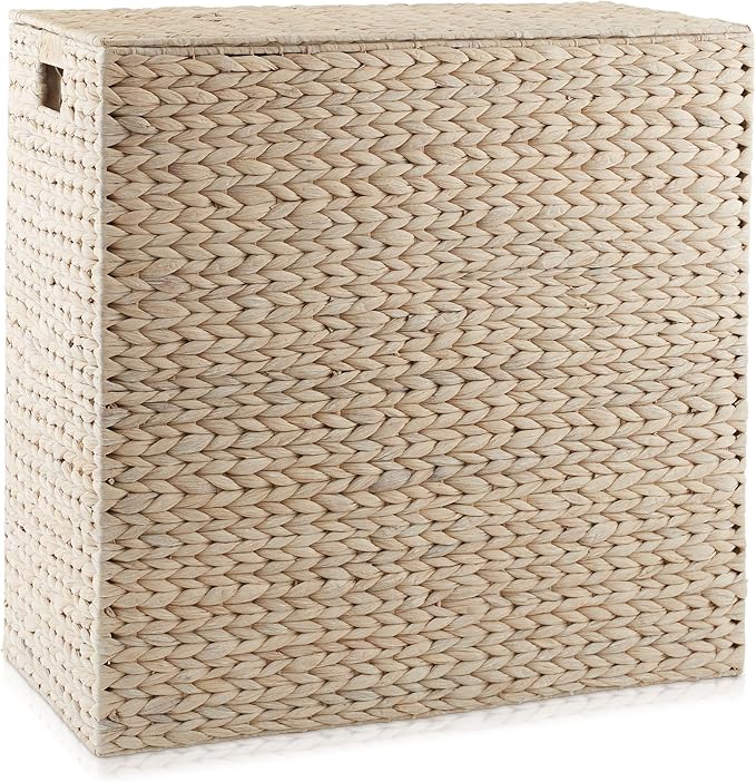 Casafield 2-Section Laundry Hamper with Removable Liner Bags - Whitewash, Woven Water Hyacinth Double Laundry Basket Sorter for Clothes and Towels