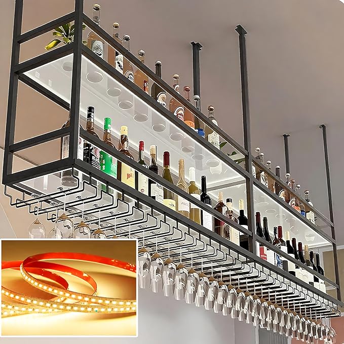 47.2IN Acrylic Ceiling Wine Glass Rack with Transparent Shelves, Hanging Wine Rack with Glass Holder and LED lights, 2 Layer Ceiling Bottle Holder Shelf for Bar Kitchen Decorate (47.2in/120cm)