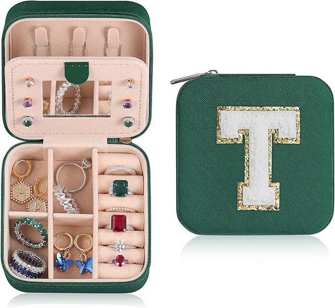 Parima Mom Gifts for Women, Travel Jewelry Case for Mother Gifts | Travel Gifts for Mother Mom from Daughters | Travel Essentials Small Jewelry Box | Jewelry Travel Organizer - Letter T, Green