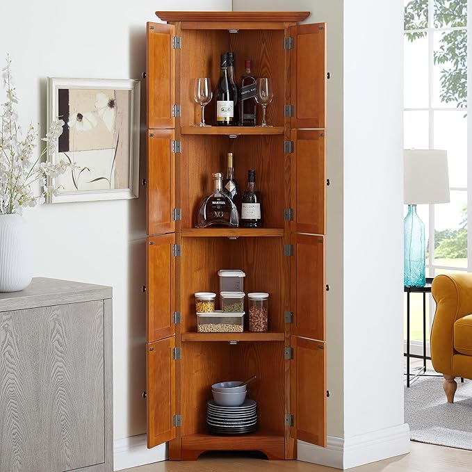 72" H Farmhouse Corner Storage Cabinet with 8 Doors & 4 Shelves, 4 Tier Kitchen Corner Pantry Cabinet Wooden Organizer Case Bookshelf, Home Space Saver Cabinet for Kitchen,Living Room (Oak)