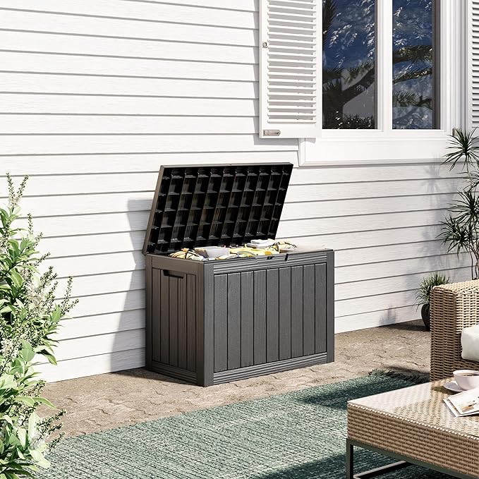 Outdoor Storage Box, Resin Deck Boxes Indoor and outdoor, Waterproof Storage Box Lockable Lid (Black, 50 Gallon)