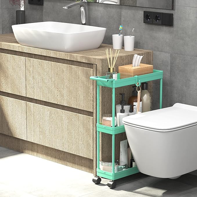 Simple Houseware 3-Tier Slim/Narrow Storage Cart with Handle, 5.5'' Wide x 26.5'' Height Rolling Organizer for Kitchen, Bathroom, Laundry Room - Turquoise