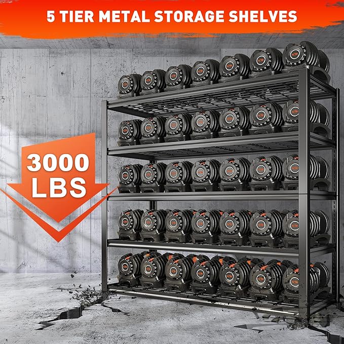 REIBII 48.2''W Garage Shelving Heavy Duty Metal Shelving 3000LBS Storage Shelves Adjustable Metal Shelves Industrial 5 Tier Garage Shelf for Basement Pantry Warehouse Supermarket, 2 Pack
