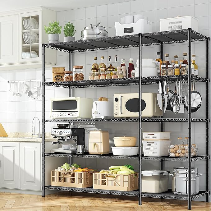 70.8H Wire Shelving Rack, 5Tier Metal Shelving Unit,1400LBS Heavy Duty Storage Shelves,Adjustable Pantry Shelves, Metal Shelf and Storage Rack,Industrial Shelving 52.36W x13.78Dx70.8H,Black