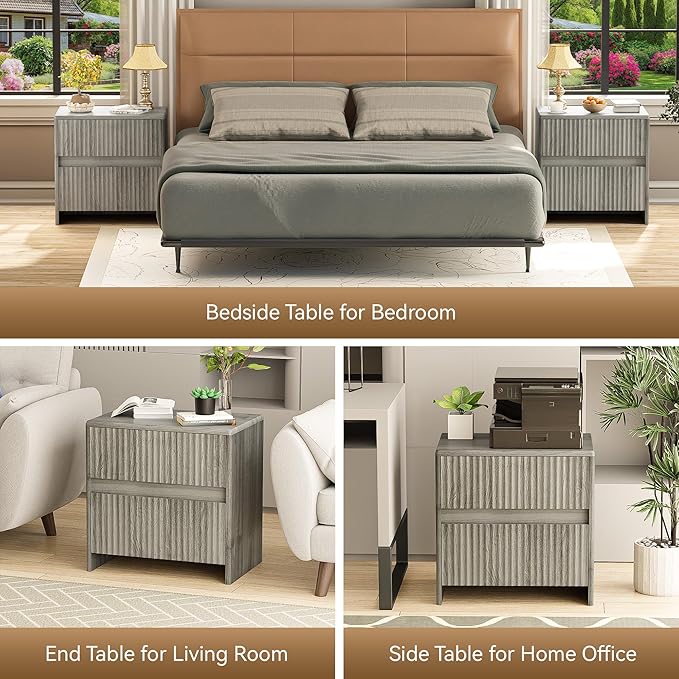Fleuted Nightstand Set of 2, 23" Wood Bedside Table with 2 Storage Drawers, Modern Night Stand for Bedroom, Office, Grey