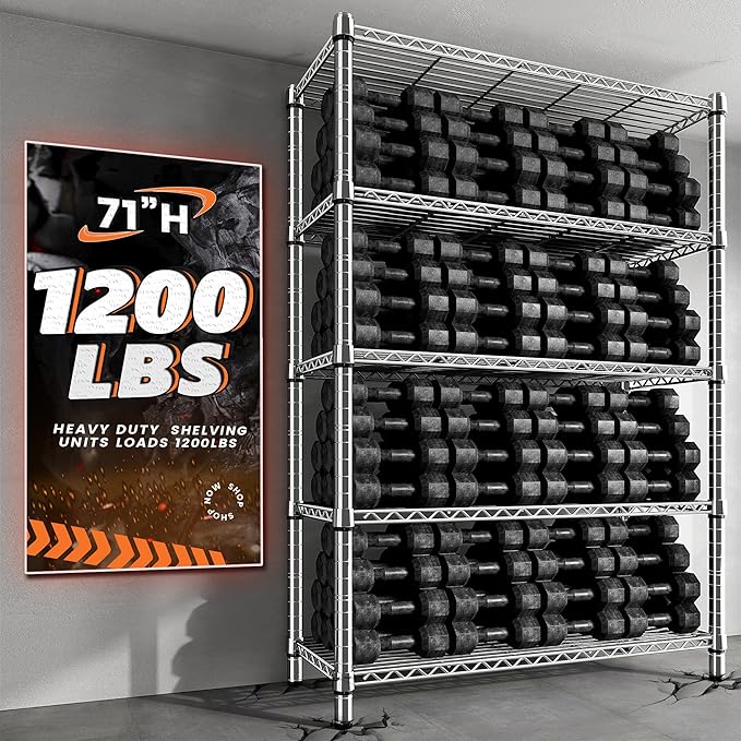 REIBII 5 Tier Metal Shelving Storage Shelves,71''H Adjustable Garage Shelving Unit and Storage,Wire Shelves Pantry Shelves for Kitchen Restaurant Warehouse Office,71H X 35.5W X 14D,Chrome