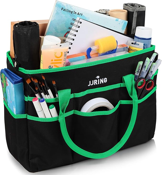 Large Multi-Functional Carrying Bag, 600D Nylon Artist Tote Bag with 16 Pockets Caddy for Art, Craft, Sewing, Make-up or School, Medical, Office Supplies Organizer, Green